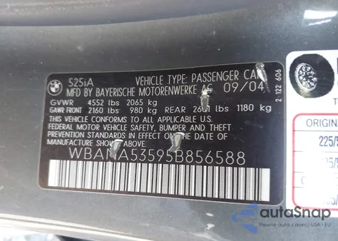 2005 BMW 525I z USA, uszkodzony, nr VIN WBANA53595B856588